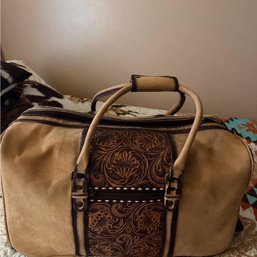 Genuine Leather Rolling Duffle Tan with Tooled Design